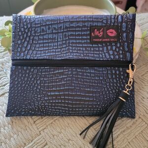 Navy Croc-Embossed Cosmetic Clutch